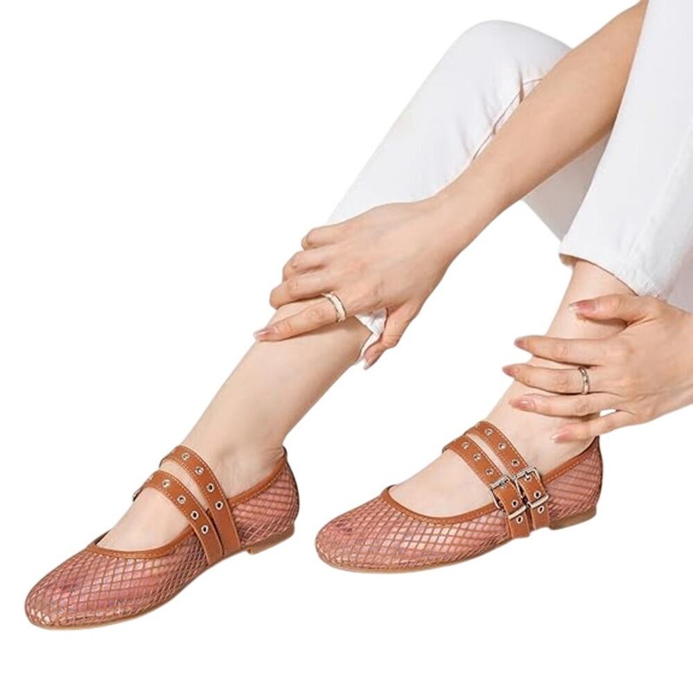 Trary Tan Mesh Mary Jane Flats with Buckle Straps - Picture 2 of 6